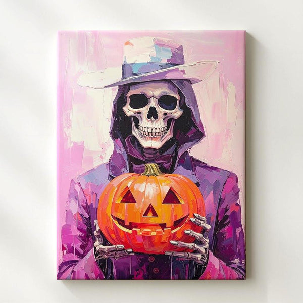 Grim Reaper with Jack-O’-Lantern Canvas – Minimalist Gothic Halloween Art - Gifitto