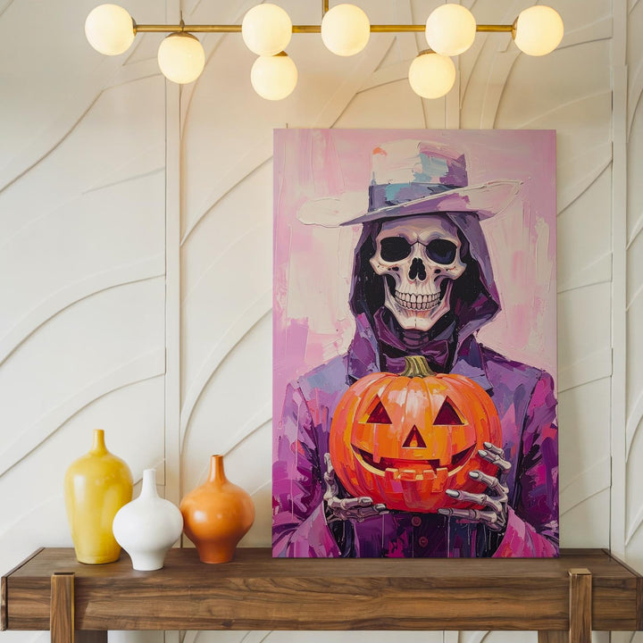 Grim Reaper with Jack-O’-Lantern Canvas – Minimalist Gothic Halloween Art - Gifitto