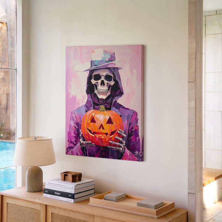 Grim Reaper with Jack-O’-Lantern Canvas – Minimalist Gothic Halloween Art - Gifitto