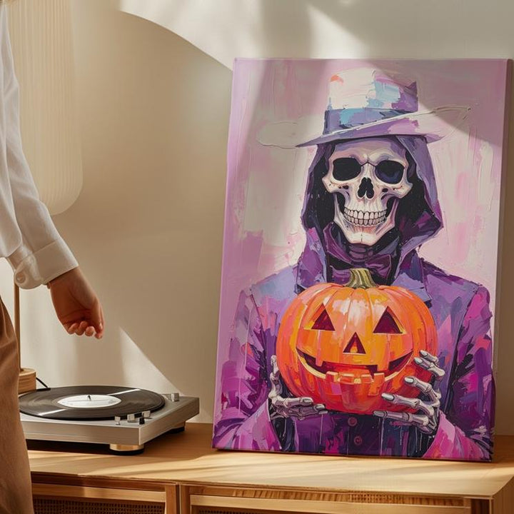 Grim Reaper with Jack-O’-Lantern Canvas – Minimalist Gothic Halloween Art - Gifitto
