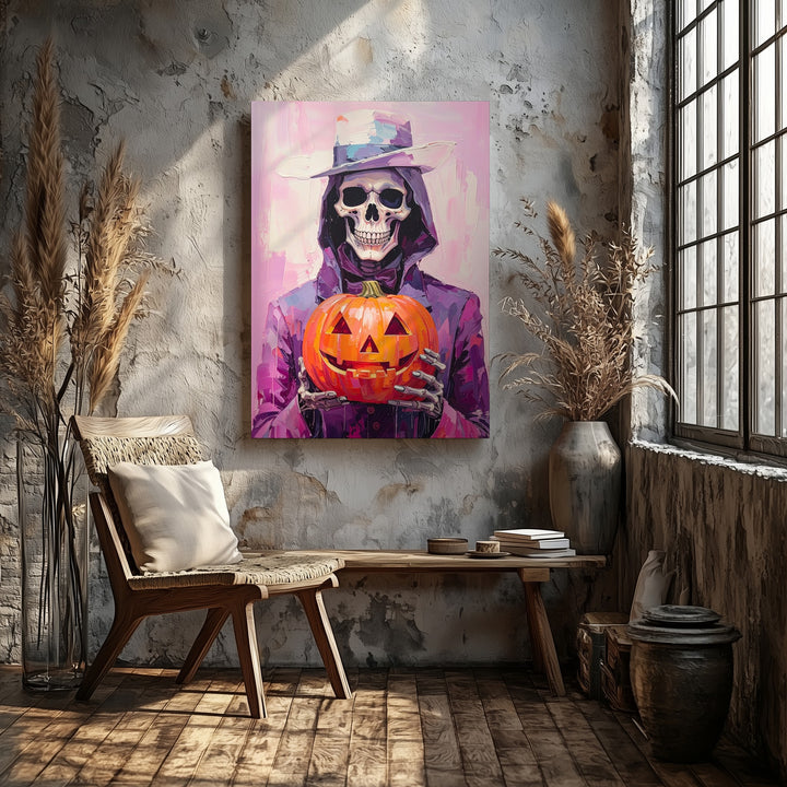Grim Reaper with Jack-O’-Lantern Canvas – Minimalist Gothic Halloween Art - Gifitto