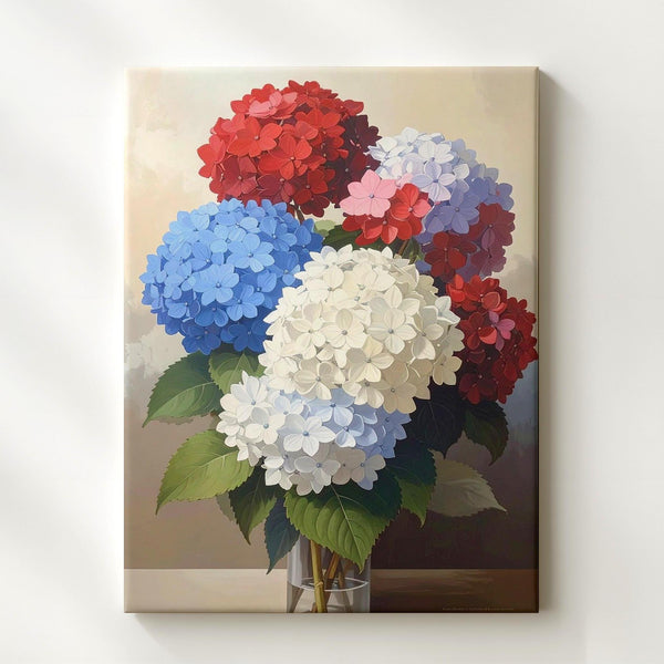 Patriotic Hydrangea Canvas – Red, White & Blue Florals on Beige - Gifitto
