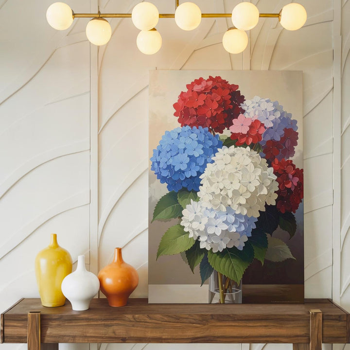Patriotic Hydrangea Canvas – Red, White & Blue Florals on Beige - Gifitto