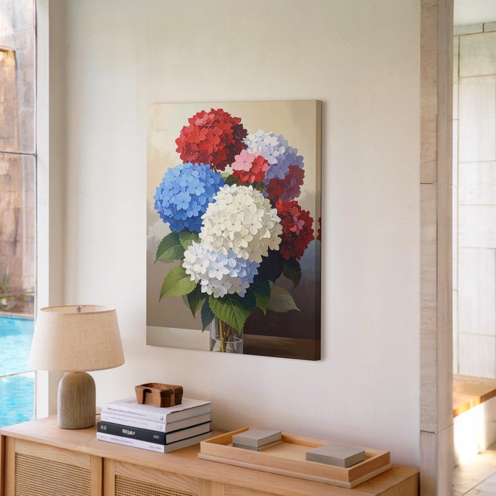 Patriotic Hydrangea Canvas – Red, White & Blue Florals on Beige - Gifitto