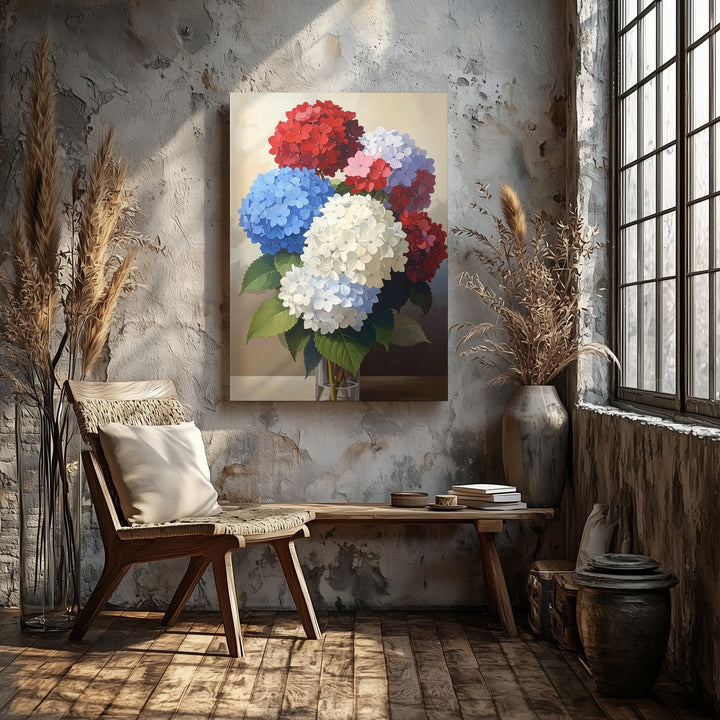 Patriotic Hydrangea Canvas – Red, White & Blue Florals on Beige - Gifitto