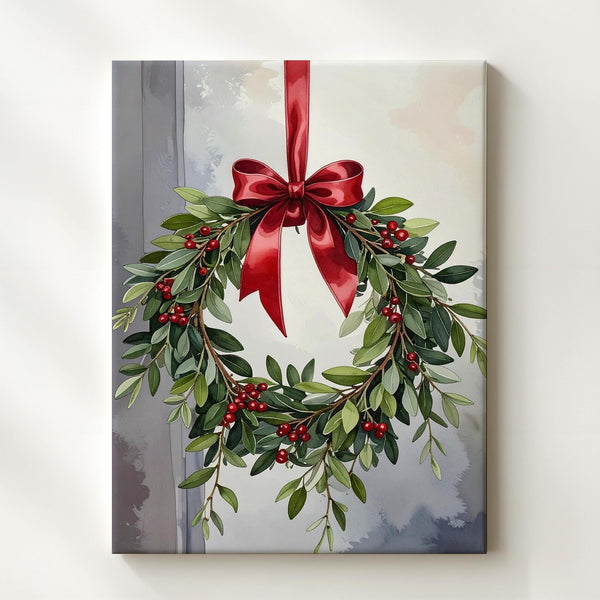 Mistletoe Wreath Canvas – Elegant Holiday Wall Art with Red Ribbon - Gifitto