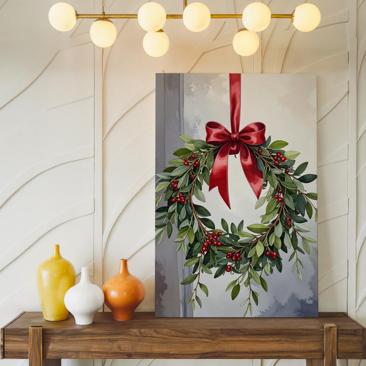 Mistletoe Wreath Canvas – Elegant Holiday Wall Art with Red Ribbon - Gifitto