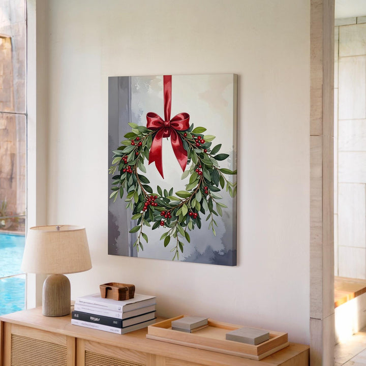 Mistletoe Wreath Canvas – Elegant Holiday Wall Art with Red Ribbon - Gifitto