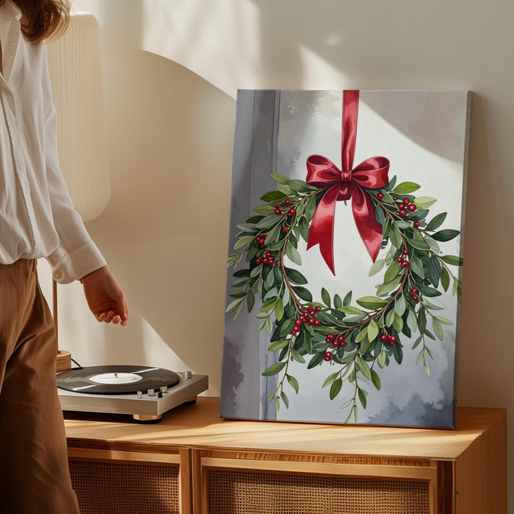 Mistletoe Wreath Canvas – Elegant Holiday Wall Art with Red Ribbon - Gifitto