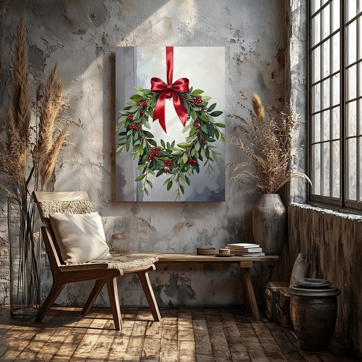 Mistletoe Wreath Canvas – Elegant Holiday Wall Art with Red Ribbon - Gifitto