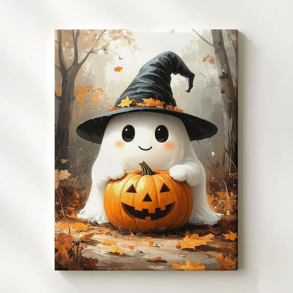Autumn Ghost & Pumpkin Canvas – Playful Halloween Spirit in Foggy Forest - Gifitto