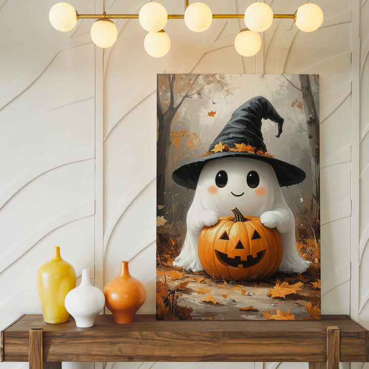 Autumn Ghost & Pumpkin Canvas – Playful Halloween Spirit in Foggy Forest - Gifitto