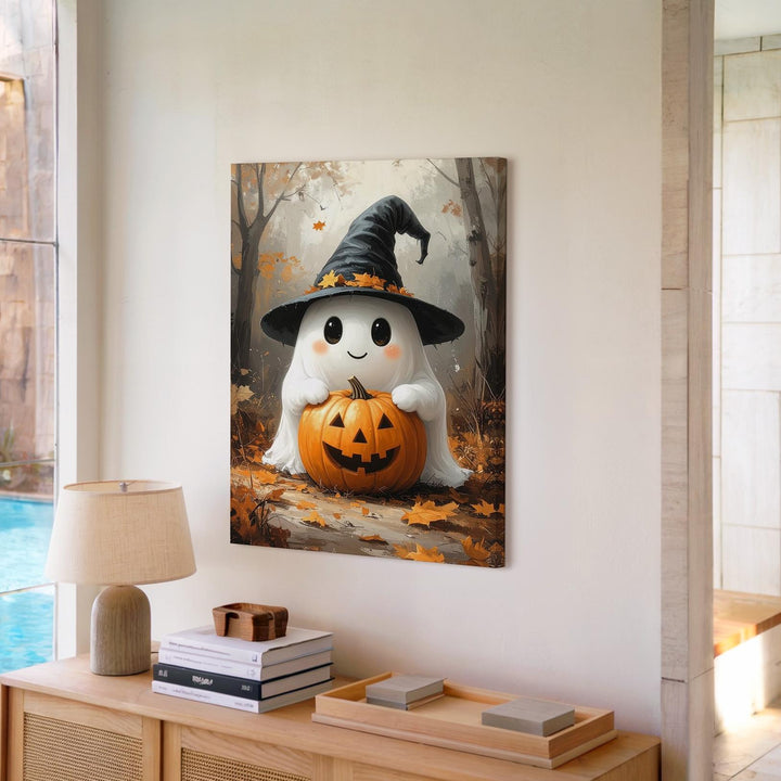 Autumn Ghost & Pumpkin Canvas – Playful Halloween Spirit in Foggy Forest - Gifitto