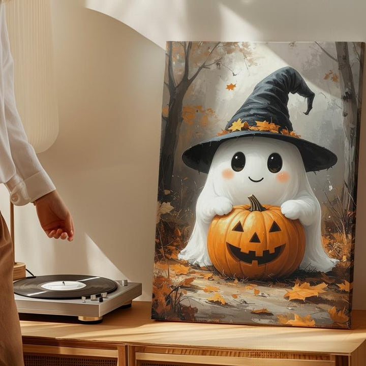 Autumn Ghost & Pumpkin Canvas – Playful Halloween Spirit in Foggy Forest - Gifitto