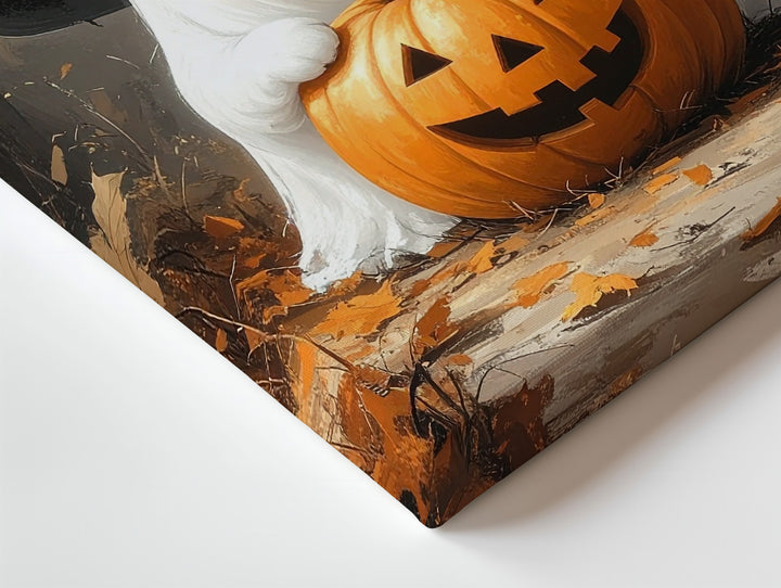 Autumn Ghost & Pumpkin Canvas – Playful Halloween Spirit in Foggy Forest - Gifitto