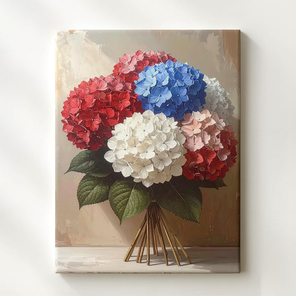Red, White & Blue Hydrangea Canvas – Patriotic Floral Bouquet on Beige - Gifitto