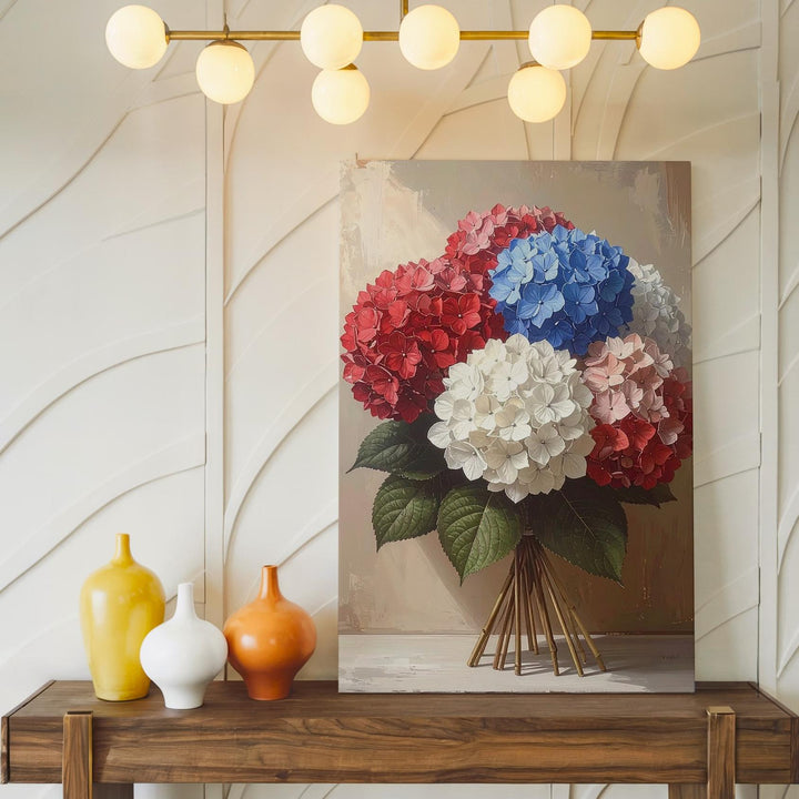 Red, White & Blue Hydrangea Canvas – Patriotic Floral Bouquet on Beige - Gifitto