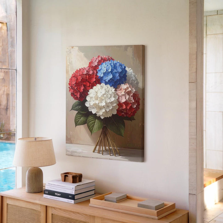 Red, White & Blue Hydrangea Canvas – Patriotic Floral Bouquet on Beige - Gifitto