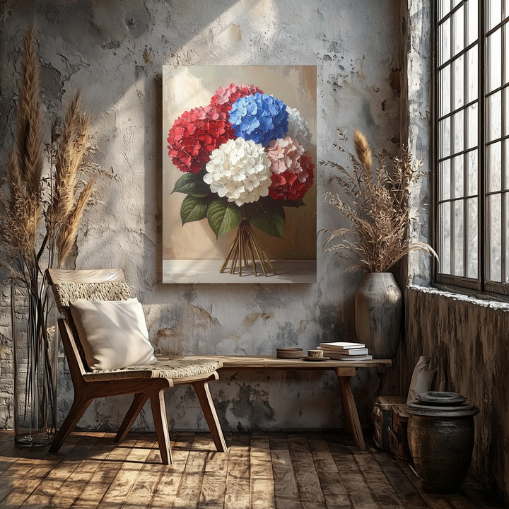 Red, White & Blue Hydrangea Canvas – Patriotic Floral Bouquet on Beige - Gifitto