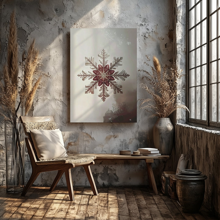 Rust Red Snowflake Canvas – Minimalist Winter Wall Art with Symmetrical Elegance - Gifitto