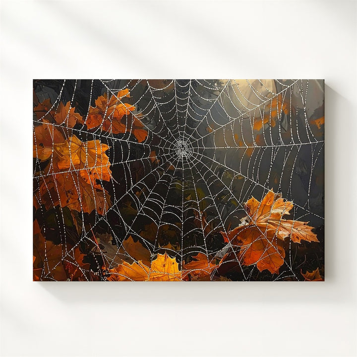Dewy Spider Web & Autumn Leaves Canvas – Elegant Nature Halloween Art - Gifitto