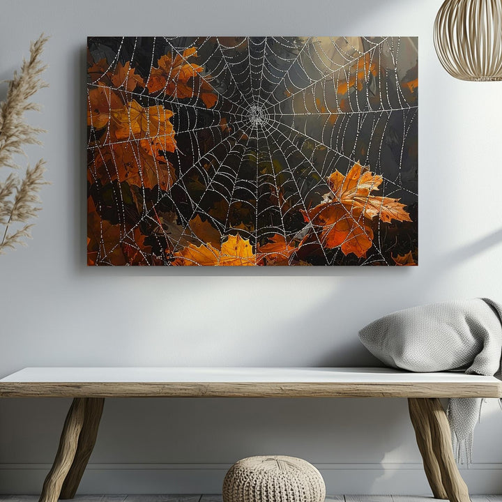 Dewy Spider Web & Autumn Leaves Canvas – Elegant Nature Halloween Art - Gifitto