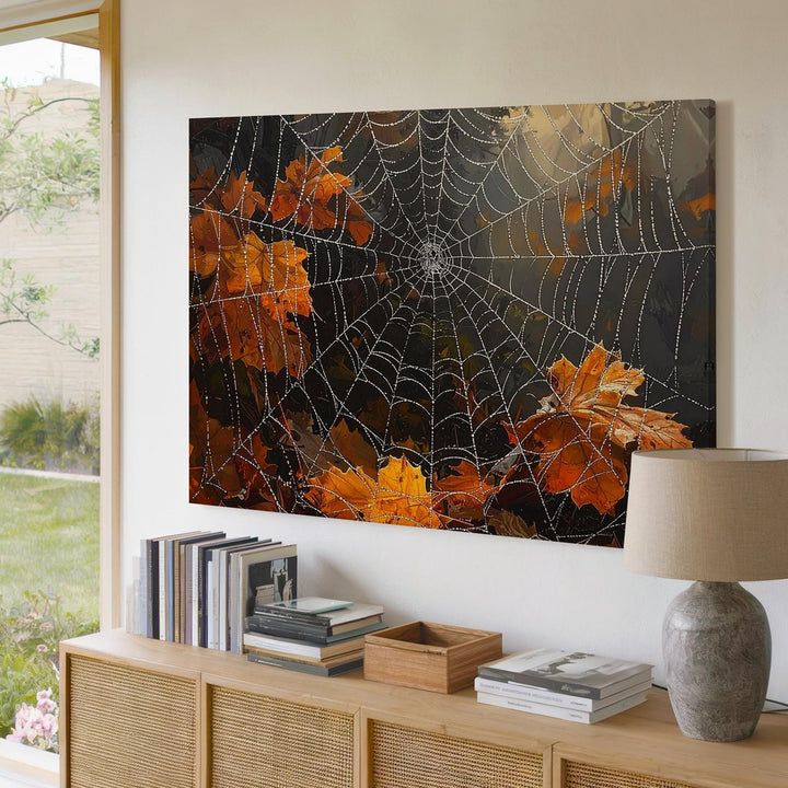 Dewy Spider Web & Autumn Leaves Canvas – Elegant Nature Halloween Art - Gifitto