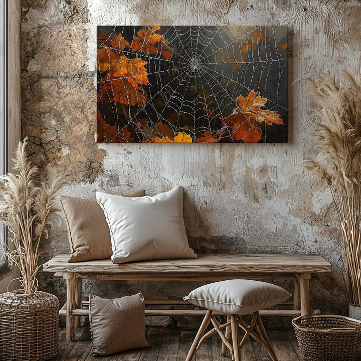 Dewy Spider Web & Autumn Leaves Canvas – Elegant Nature Halloween Art - Gifitto