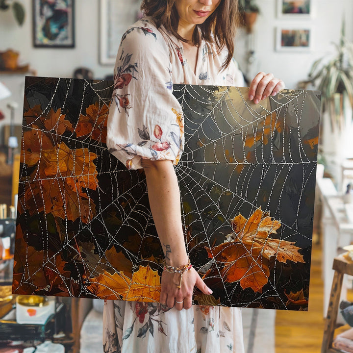 Dewy Spider Web & Autumn Leaves Canvas – Elegant Nature Halloween Art - Gifitto