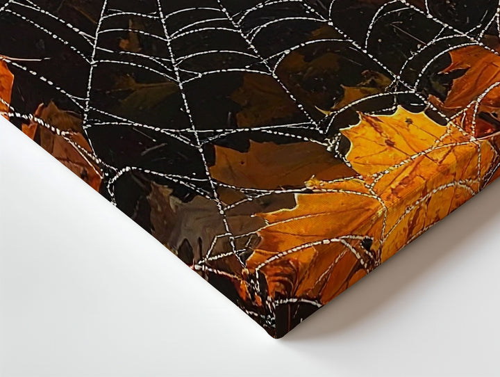 Dewy Spider Web & Autumn Leaves Canvas – Elegant Nature Halloween Art - Gifitto