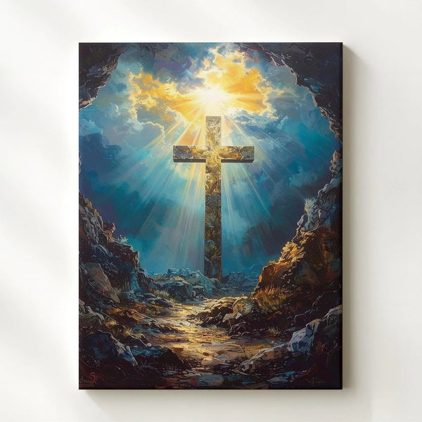 Stone Cross in Cave Canvas – Dramatic Christian Wall Art of Resurrection and Divine Light - Gifitto
