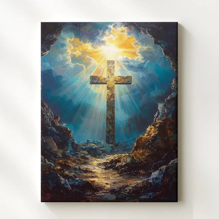 Stone Cross in Cave Canvas – Dramatic Christian Wall Art of Resurrection and Divine Light - Gifitto