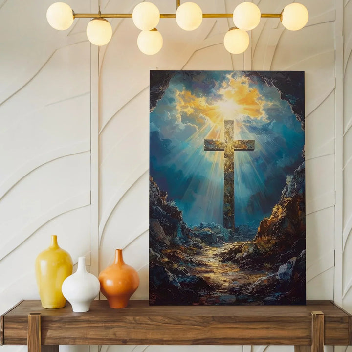 Stone Cross in Cave Canvas – Dramatic Christian Wall Art of Resurrection and Divine Light - Gifitto