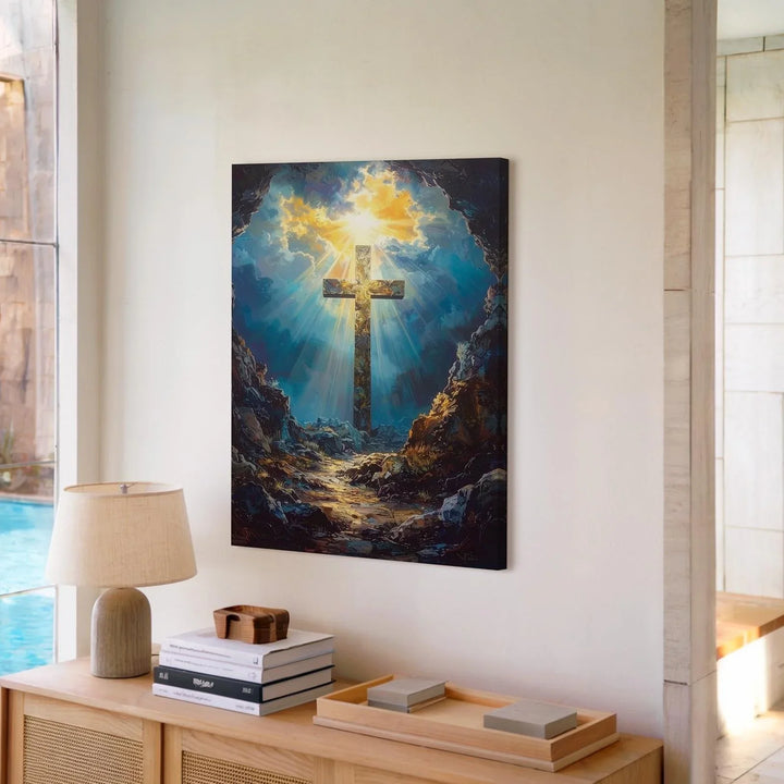 Stone Cross in Cave Canvas – Dramatic Christian Wall Art of Resurrection and Divine Light - Gifitto