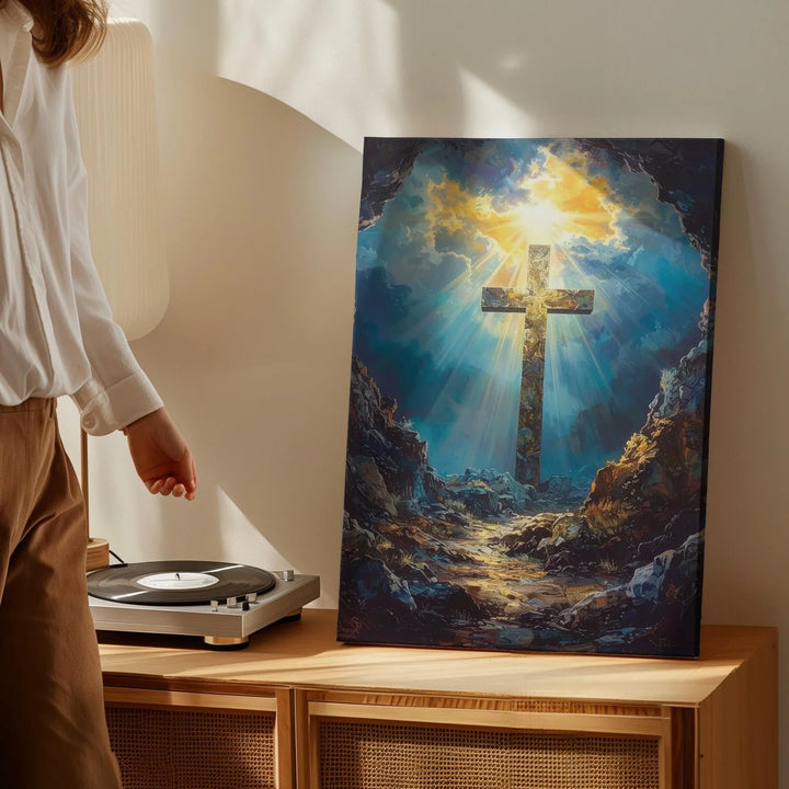 Stone Cross in Cave Canvas – Dramatic Christian Wall Art of Resurrection and Divine Light - Gifitto