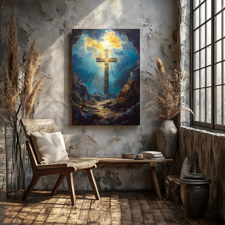 Stone Cross in Cave Canvas – Dramatic Christian Wall Art of Resurrection and Divine Light - Gifitto