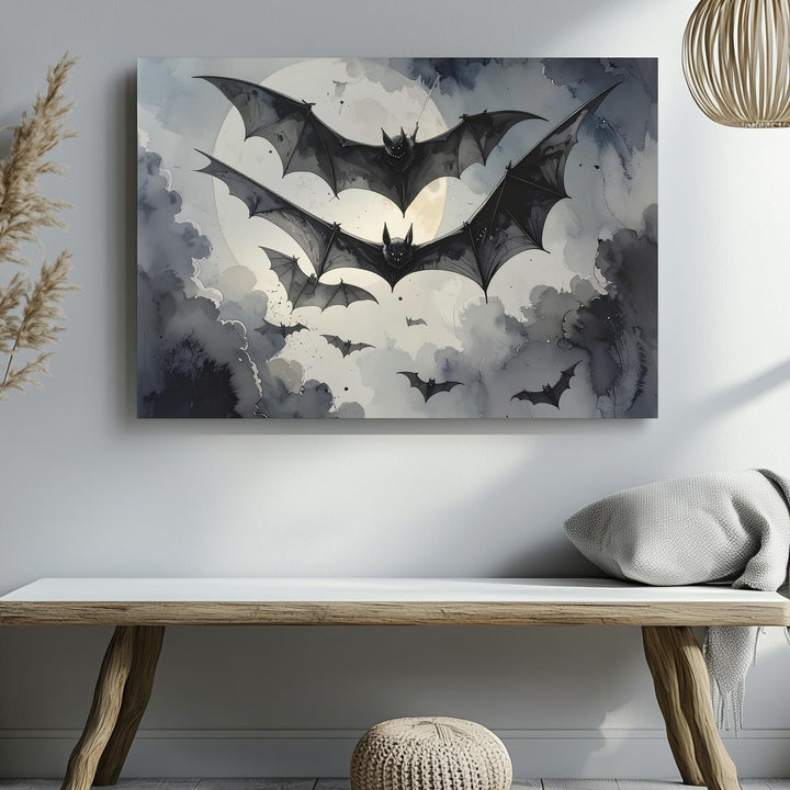 Moonlit Bats in Flight Canvas – Vintage Halloween Horror Wall Art - Gifitto