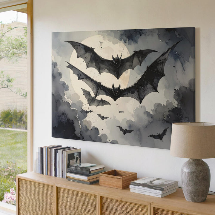 Moonlit Bats in Flight Canvas – Vintage Halloween Horror Wall Art - Gifitto