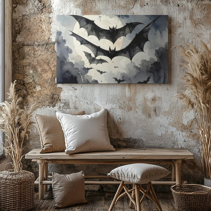 Moonlit Bats in Flight Canvas – Vintage Halloween Horror Wall Art - Gifitto