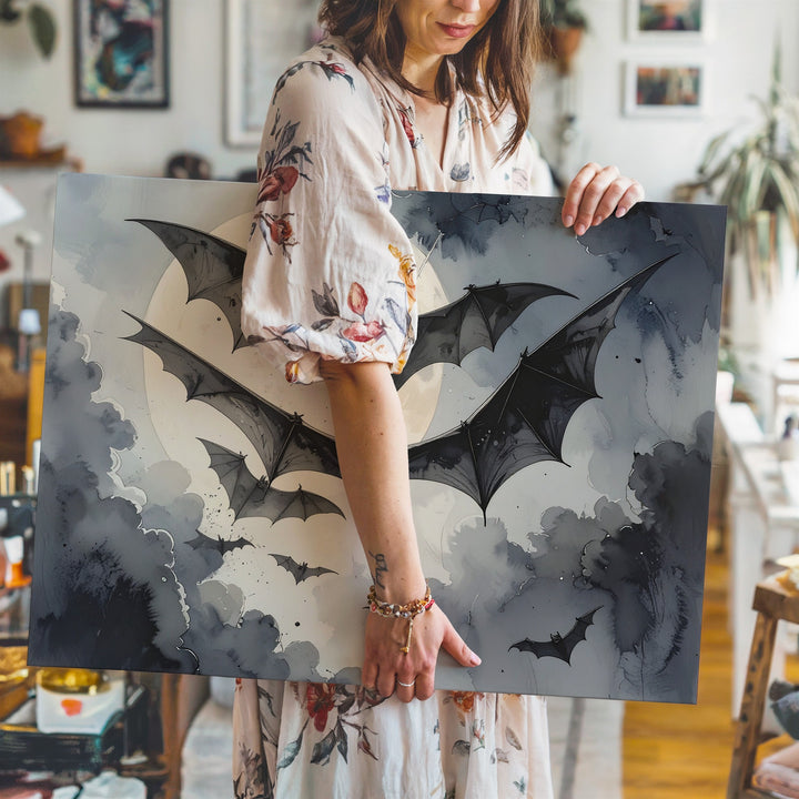 Moonlit Bats in Flight Canvas – Vintage Halloween Horror Wall Art - Gifitto