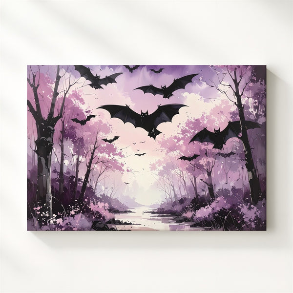 Twilight Bat Path Canvas – Dreamlike Forest in Violet Haze - Gifitto