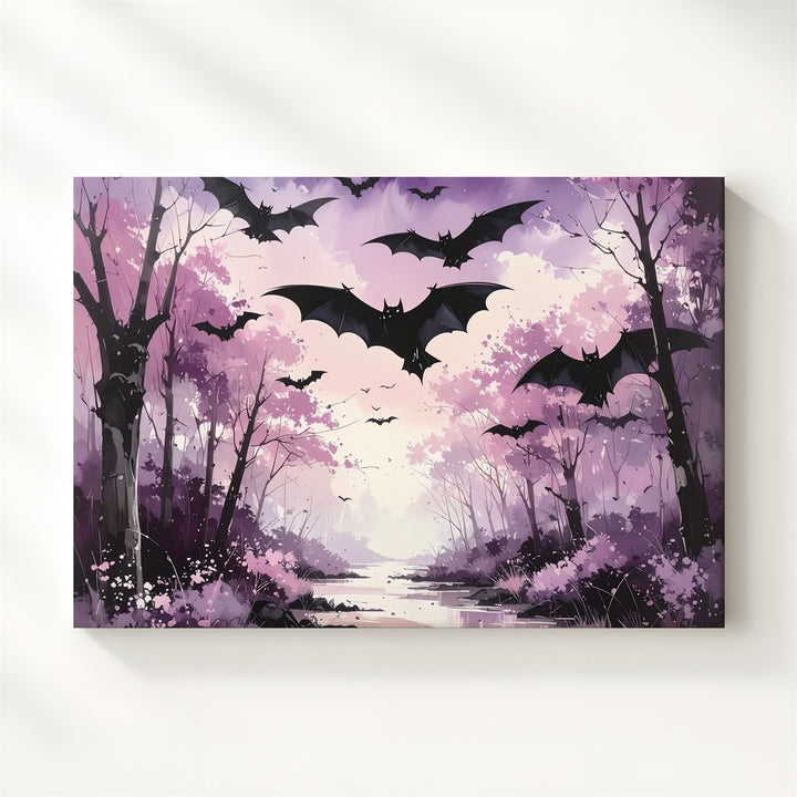 Twilight Bat Path Canvas – Dreamlike Forest in Violet Haze - Gifitto
