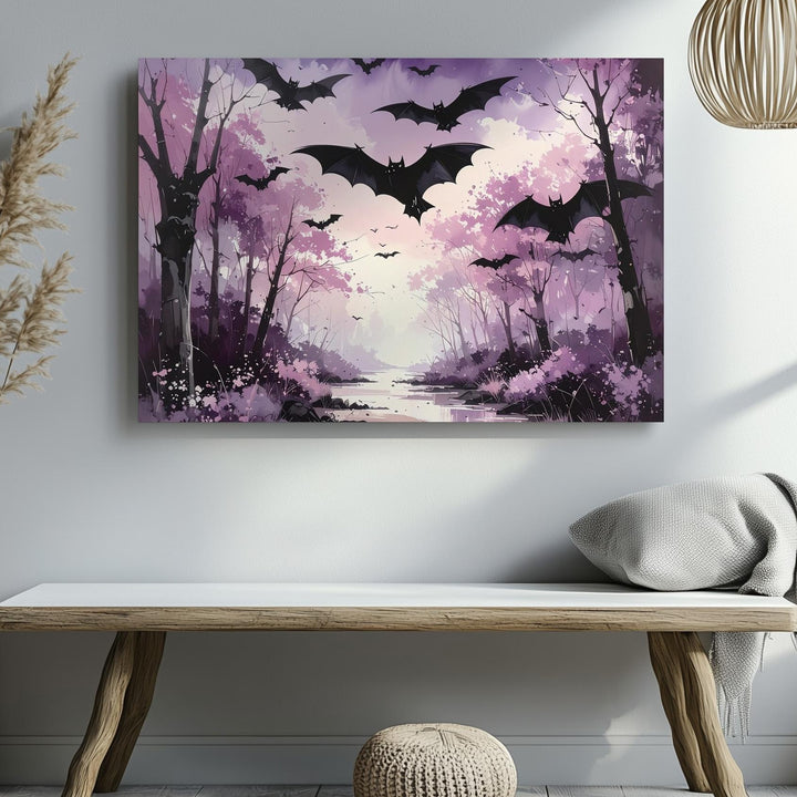 Twilight Bat Path Canvas – Dreamlike Forest in Violet Haze - Gifitto