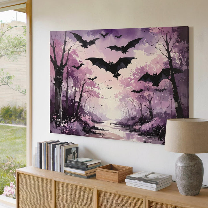 Twilight Bat Path Canvas – Dreamlike Forest in Violet Haze - Gifitto