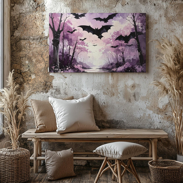 Twilight Bat Path Canvas – Dreamlike Forest in Violet Haze - Gifitto