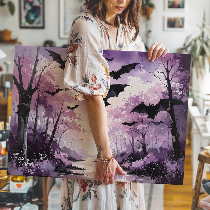 Twilight Bat Path Canvas – Dreamlike Forest in Violet Haze - Gifitto