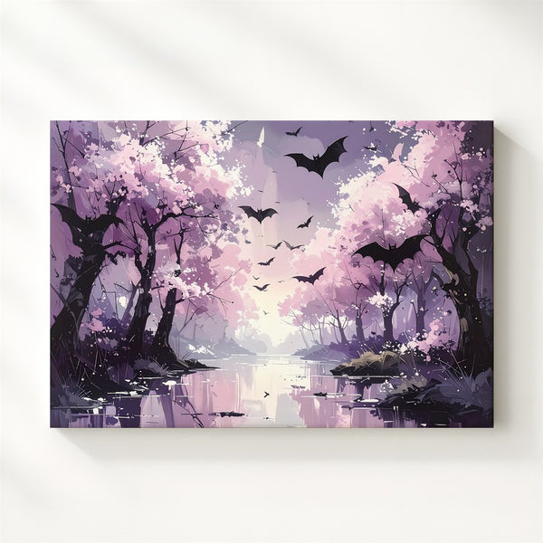 Blush Bats Forest Canvas – Dreamlike Path with Pink Trees & Dark Wings - Gifitto