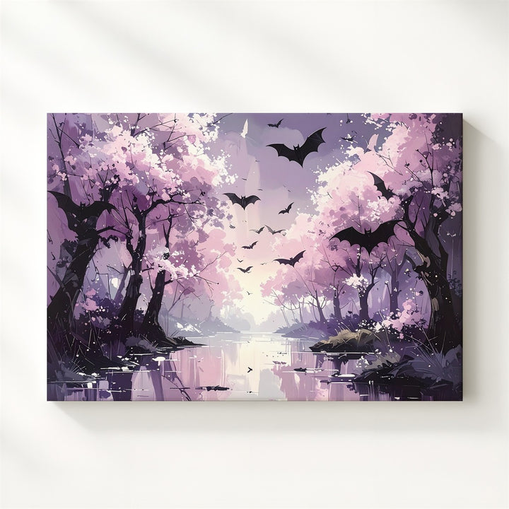 Blush Bats Forest Canvas – Dreamlike Path with Pink Trees & Dark Wings - Gifitto