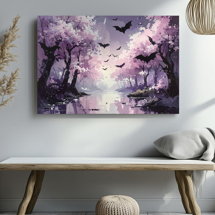 Blush Bats Forest Canvas – Dreamlike Path with Pink Trees & Dark Wings - Gifitto