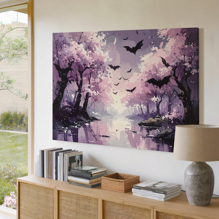 Blush Bats Forest Canvas – Dreamlike Path with Pink Trees & Dark Wings - Gifitto
